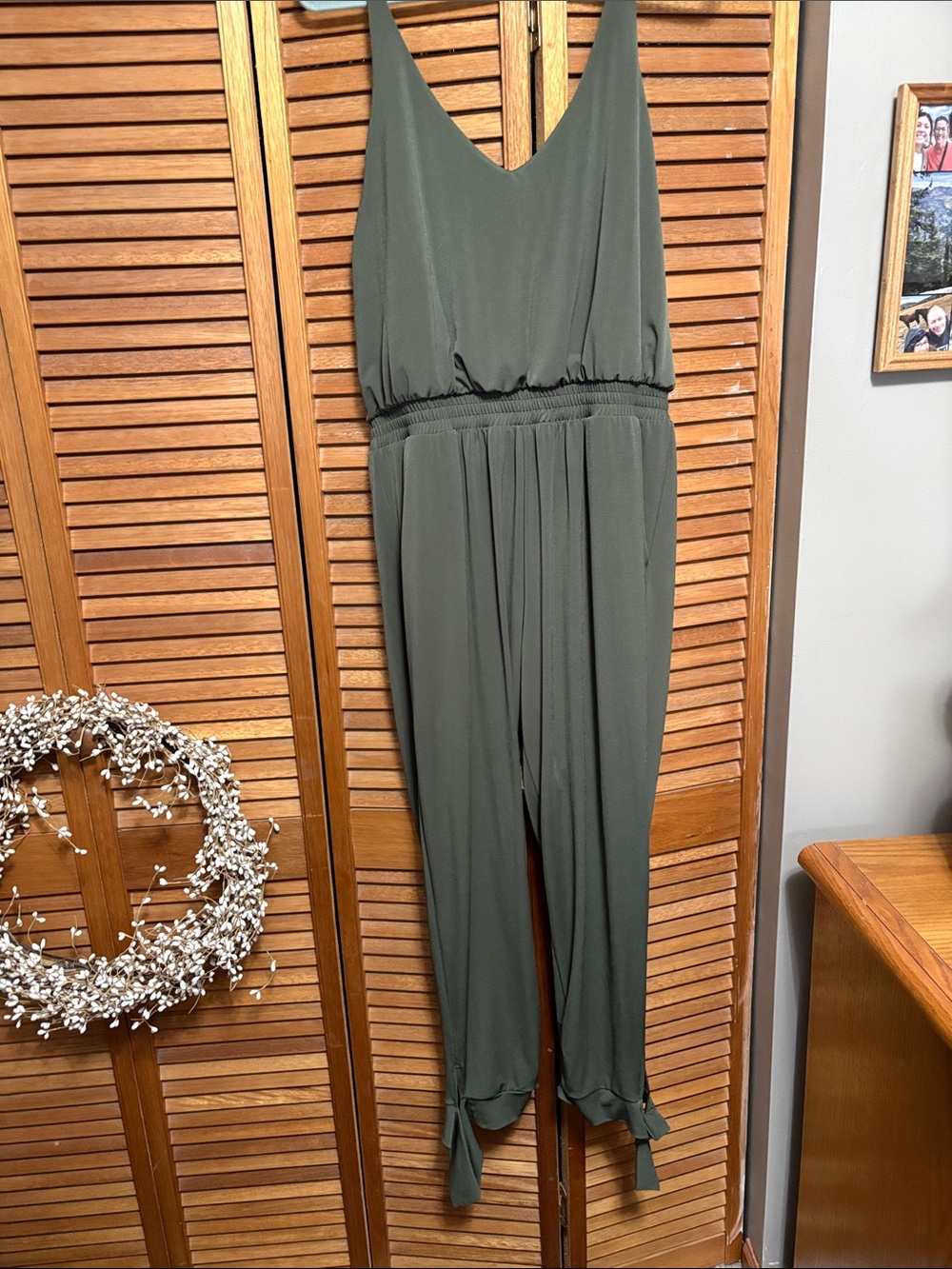 Olive Green Sleeveless V-Neck Jumpsuit with Ankle Tie